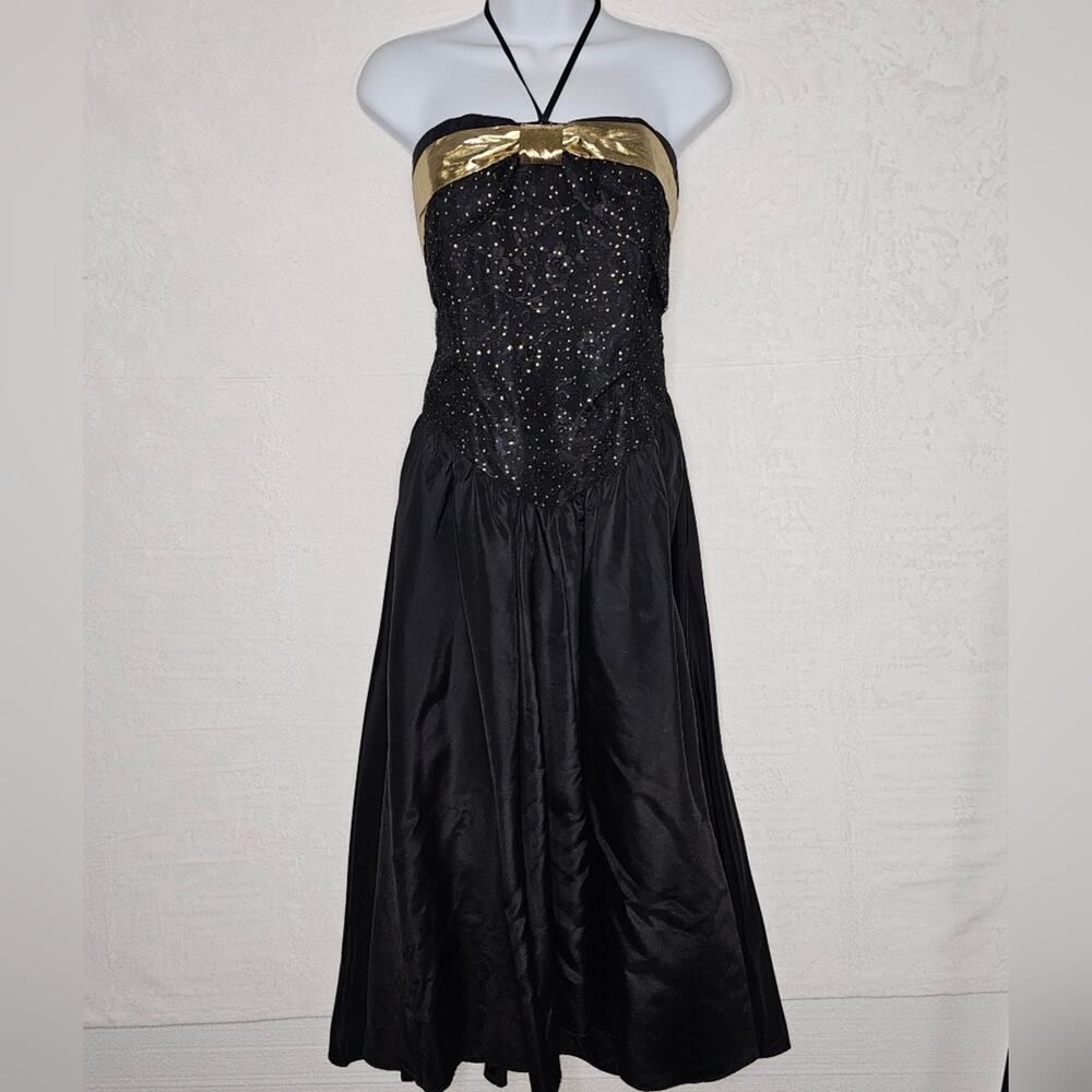 Women's Vintage 90s Dress Juniors 9 Black Gold Satin Shimmer Midi Semi-Formal
